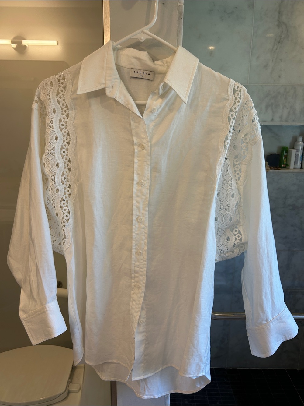 Sandro White Button-Down Shirt with Lace Sleeve Insets